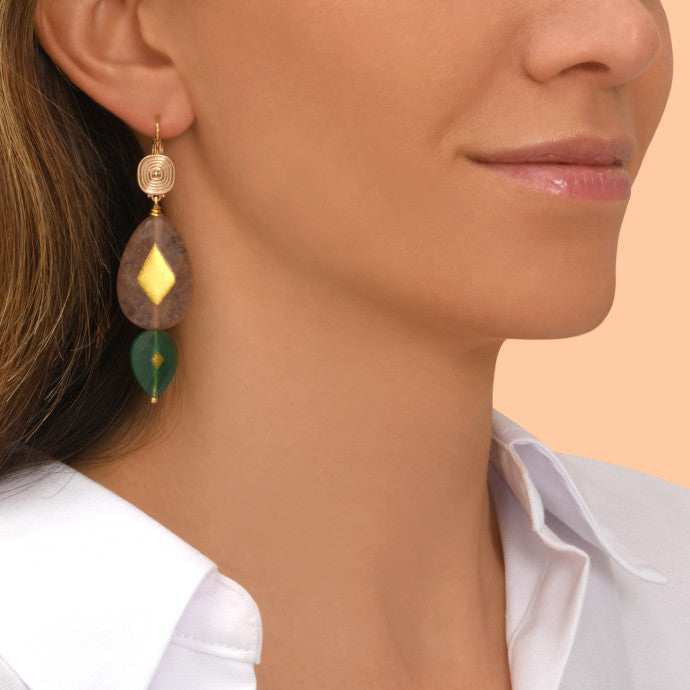 Pendientes Babylone de cuarzo fresa y ágata verde - rosa