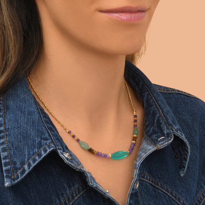 Collar corto ajustable Arizona Dream aventurina amatista ojo de tigre - violeta
