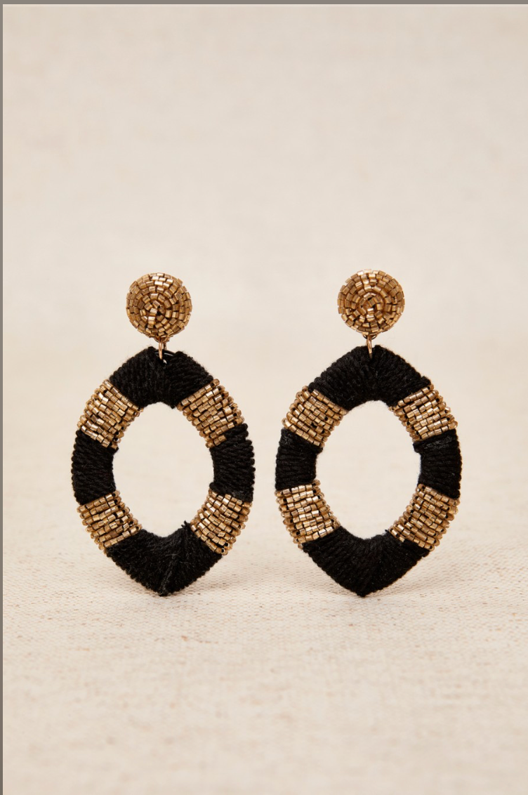 Pendientes aros ovalados negro y cristales metalizados