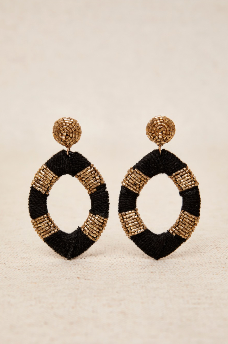 Pendientes aros ovalados negro y cristales metalizados
